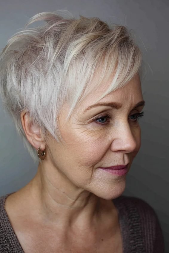 Messy pixie with warm highlights on gray hair, women over 50