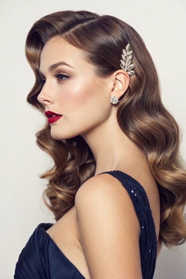 Classic Hollywood waves with deep side part for New Year's Eve