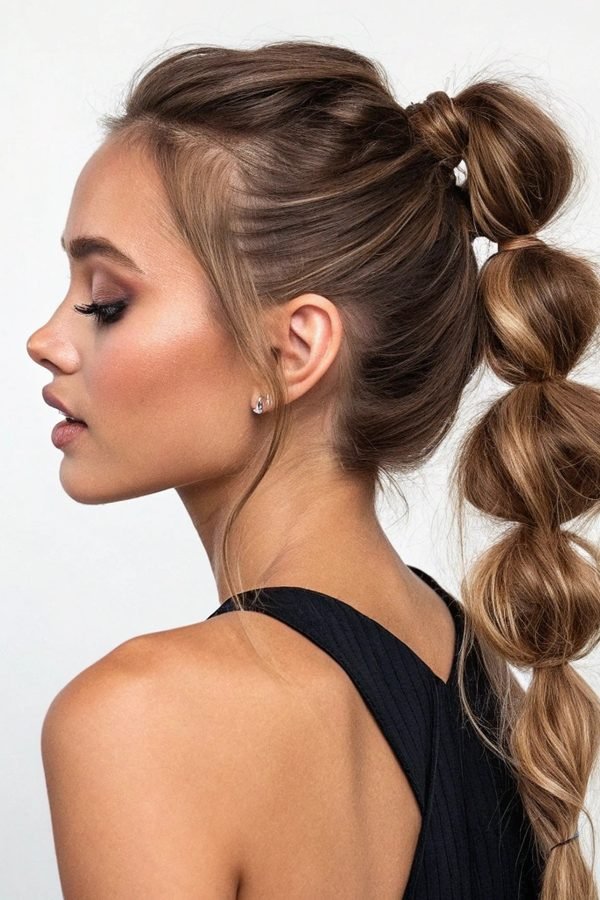 Bubble ponytail with gold glitter for NYE party hairstyle