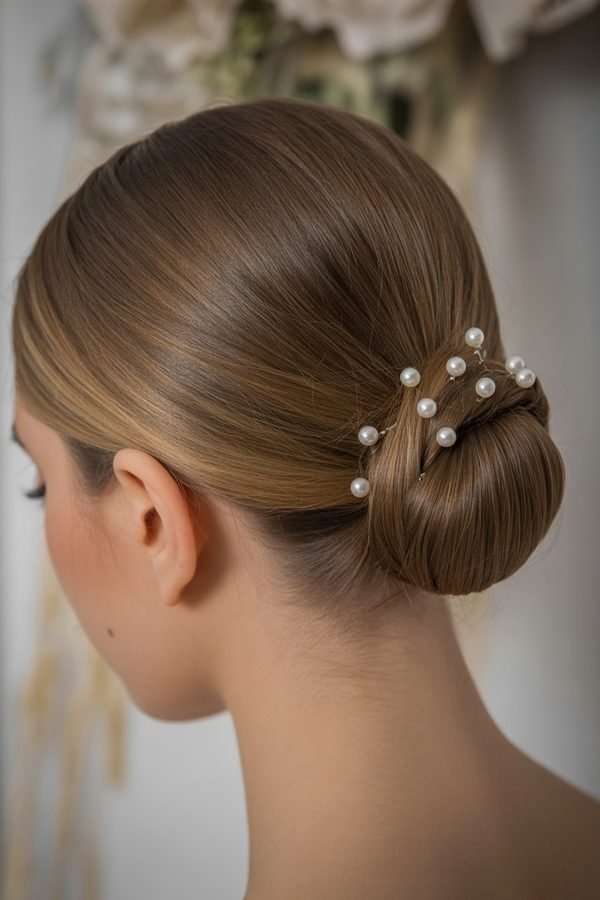 Elegant chignon with pearl pins for New Year's Eve