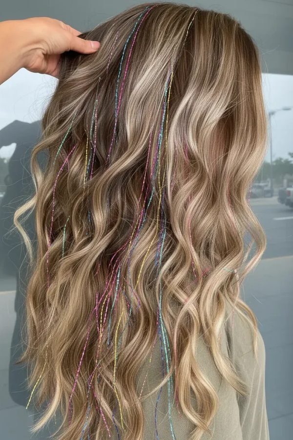 Loose waves with sparkling hair tinsel for New Year's Eve party