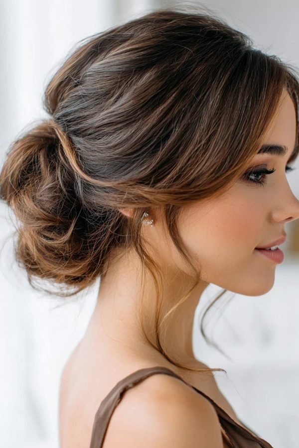 Messy low bun with face-framing tendrils for NYE party