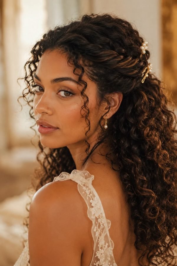 Defined natural curls with pearl barrettes for NYE party