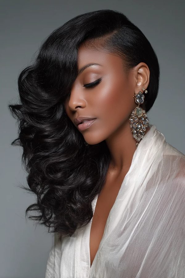 Side-swept glam waves with glitter parting for New Year's Eve