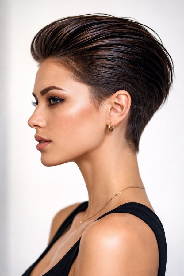 Slicked-back wet look pixie cut for NYE party