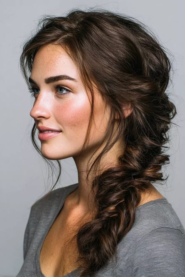 Messy side braid with hair tinsel for New Year's Eve