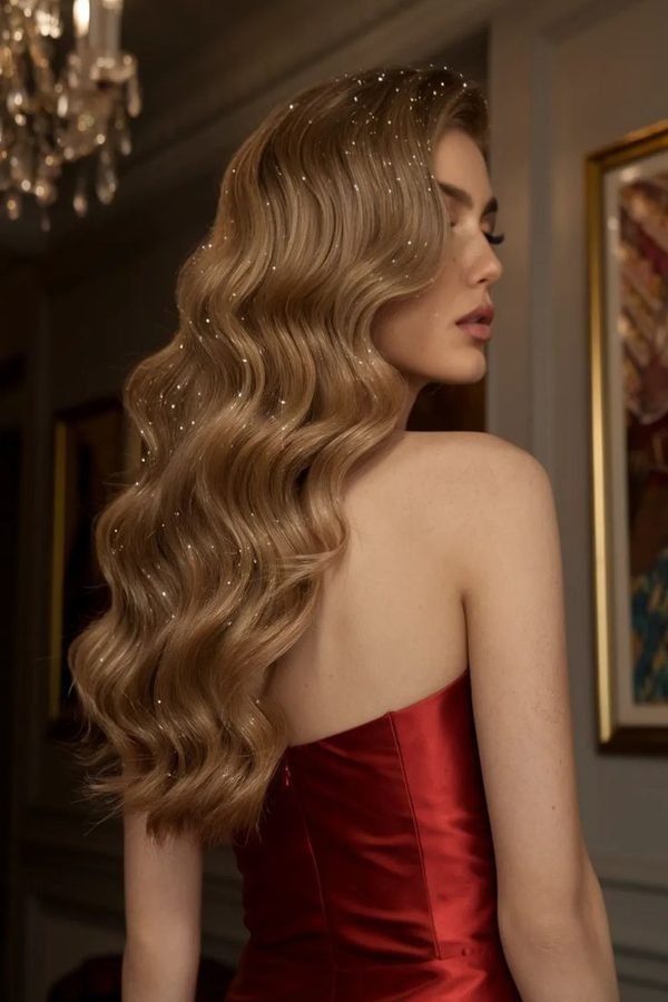 Woman with glamorous Hollywood waves and glittering New Year's Eve party hairstyle