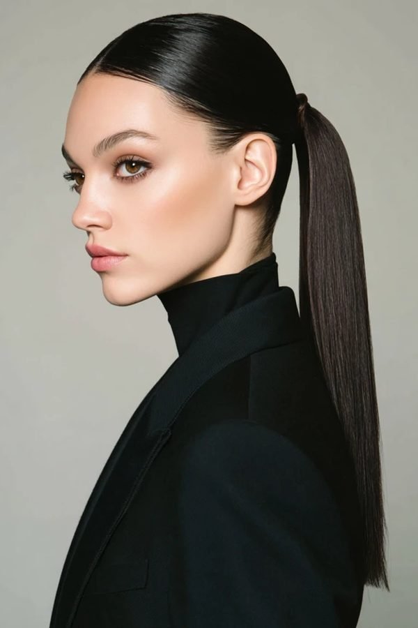 Sleek high ponytail hairstyles with a smooth polished finish, side profile