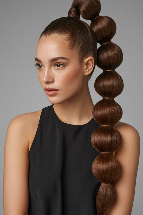 Bubble ponytail hairstyle with segmented sections down the length
