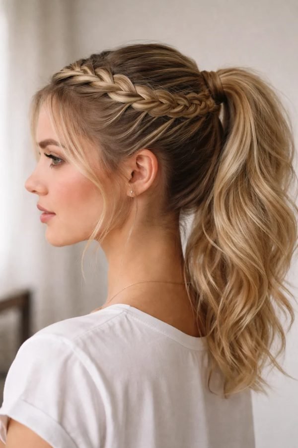 French braid crown flowing into a wavy ponytail