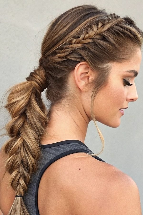 Fishtail braid ponytail with a braided crown, side view