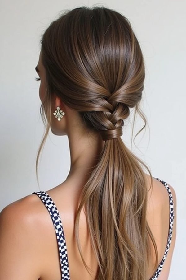 Twisted low ponytail with long loose lengths, back view