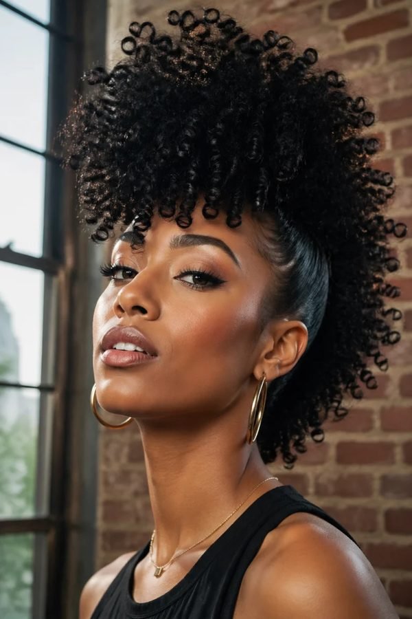 Voluminous curly high ponytail on natural hair