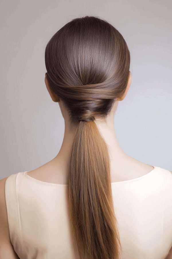 Low ponytail with hair wrapped around the base, back view