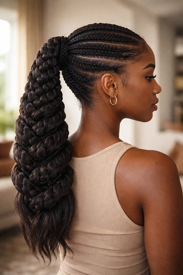 Classic braided ponytail with cornrows gathered into a long braid
