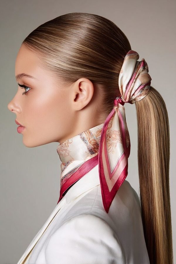 Low ponytail tied with a printed silk scarf