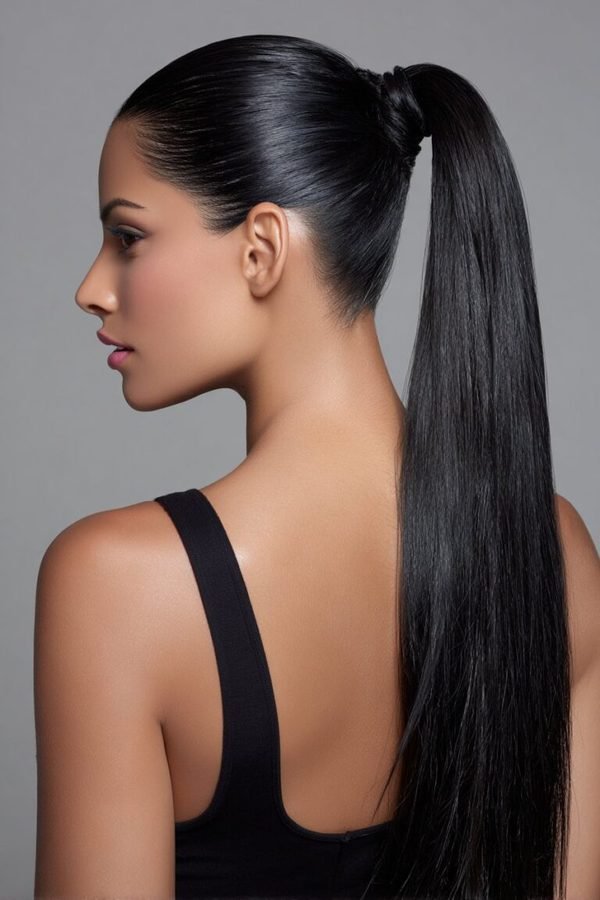 Extra-long glossy black high ponytail, back view