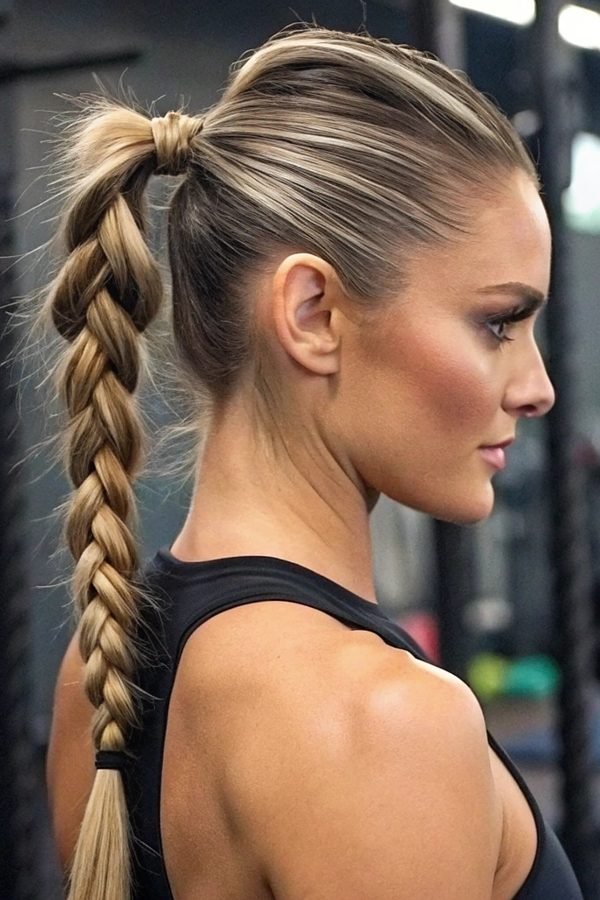 Sporty braided ponytail worn with gym wear