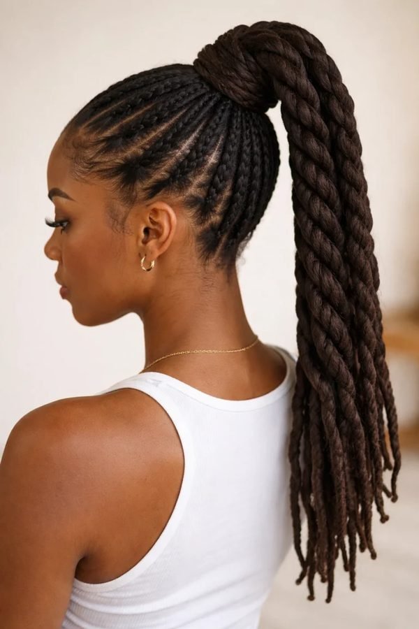 Rope braid ponytail with twisted locs, back view