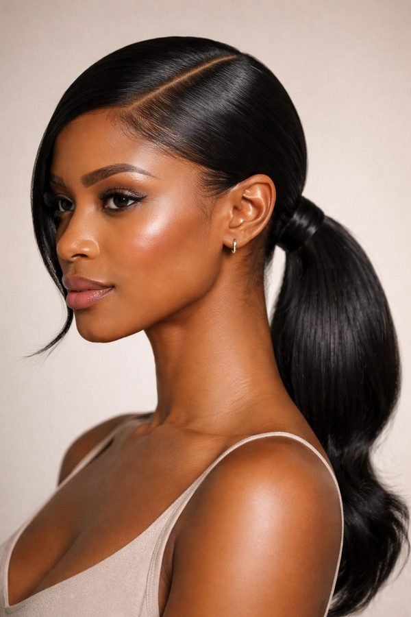 Sleek low ponytail with a deep side part and glossy finish