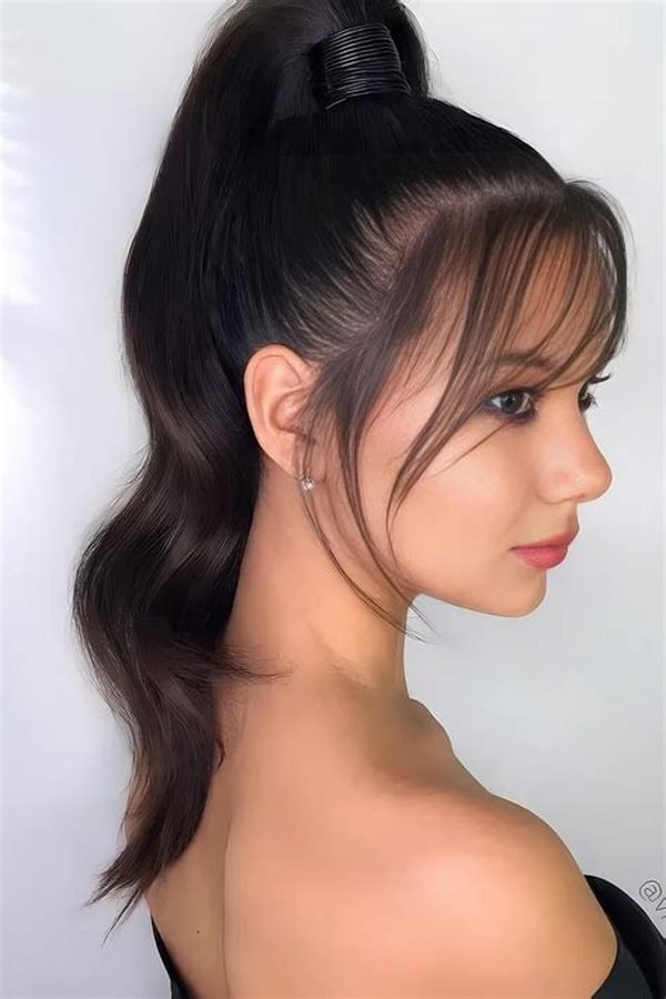 High ponytail with wispy bangs and loose front strands