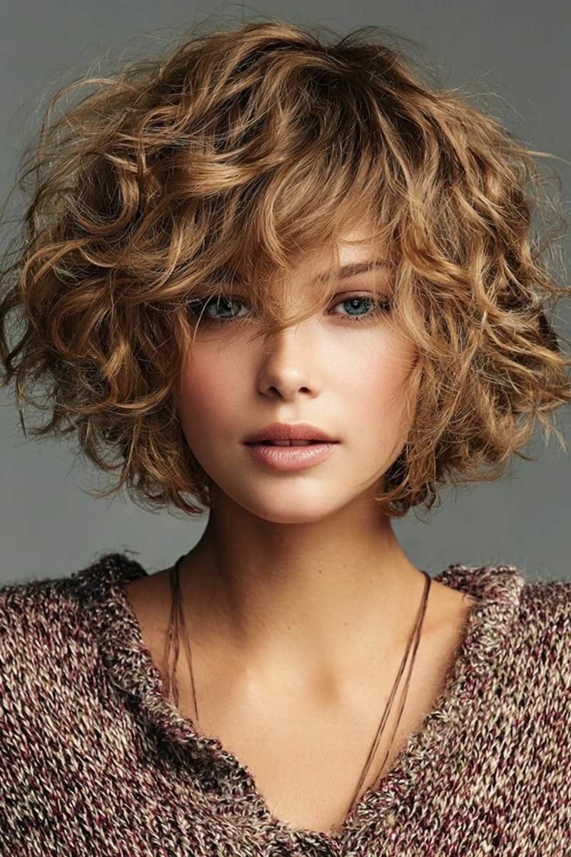 Curly textured short layered bob with bouncy shape