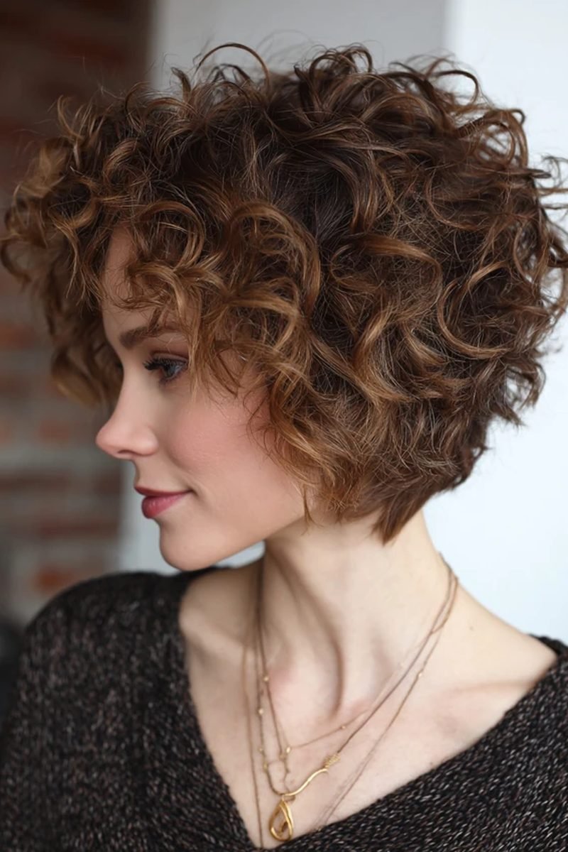 Short layered bob haircuts with defined curls seen in profile