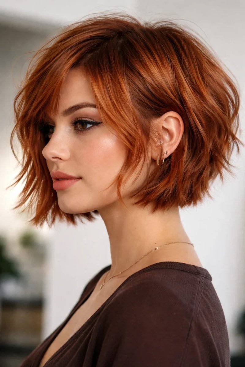 Copper short layered bob haircuts with dimensional colour