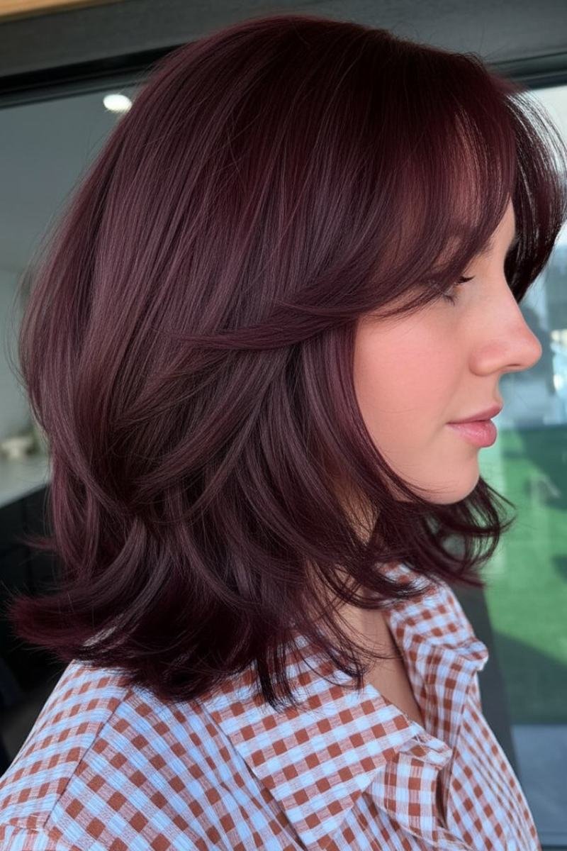 Cherry cola layered bob with face-framing layers