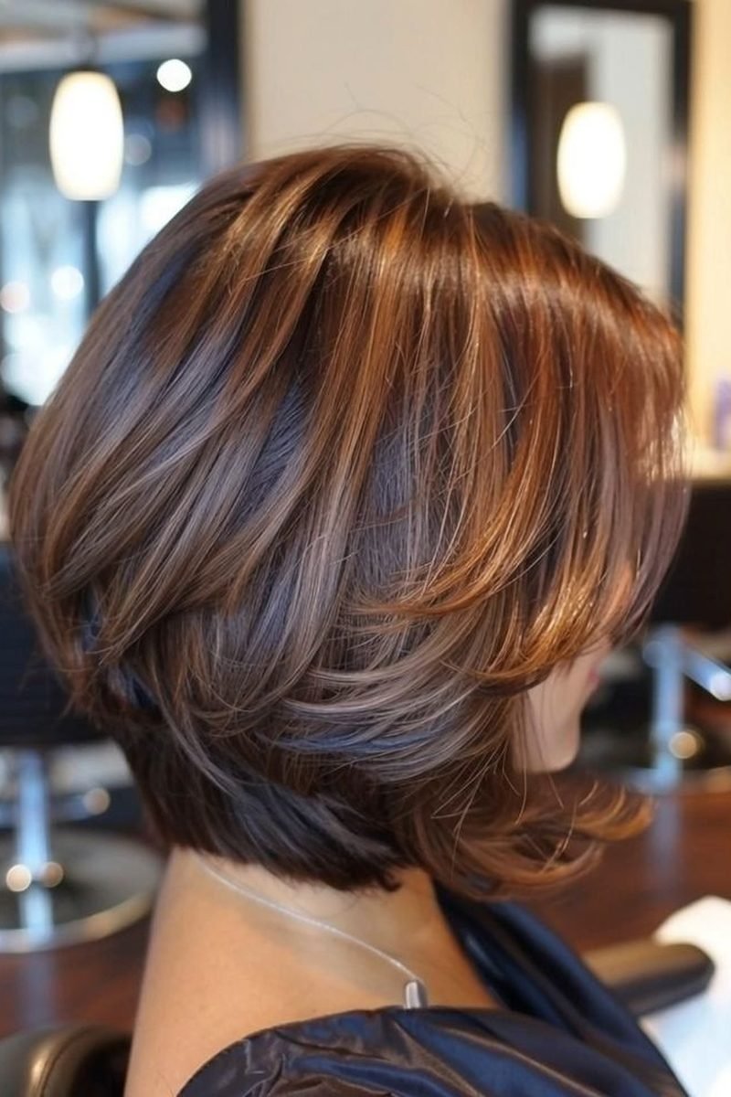 Short layered bob with dimensional balayage seen from the back