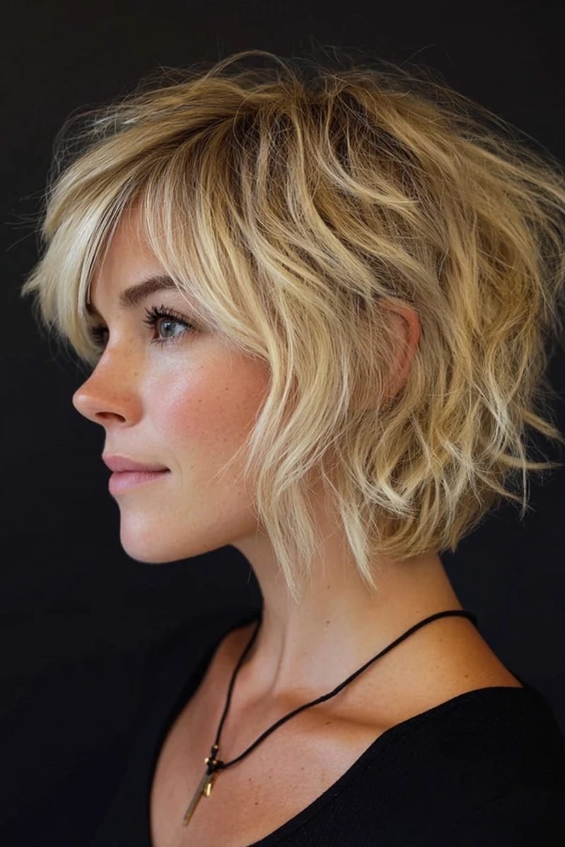 Short layered bob with curtain fringe framing the face