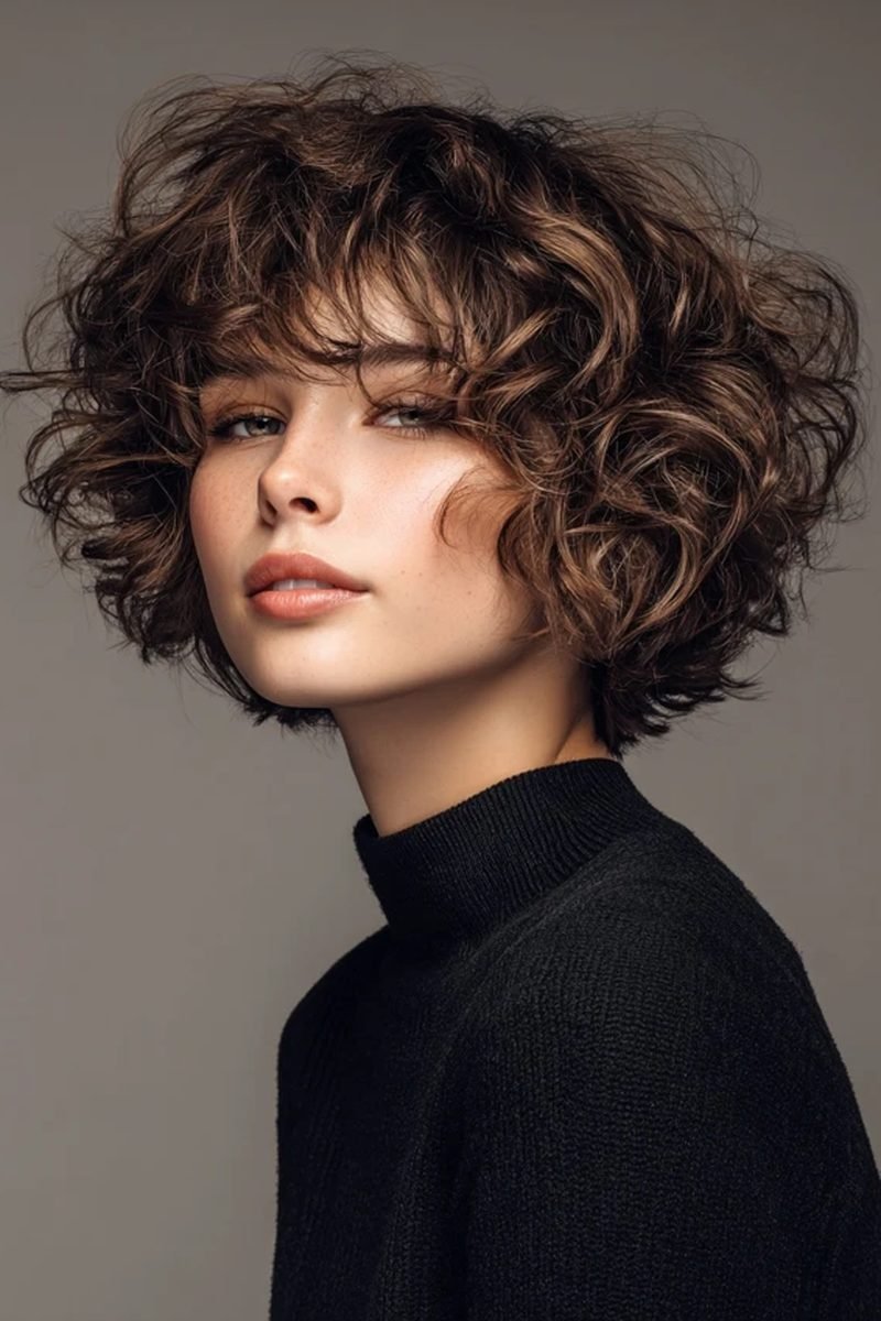Short layered bob with wispy bangs and curls