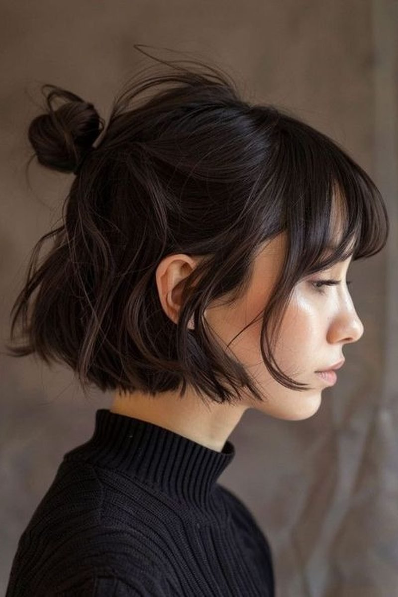Lived-in textured short bob with fringe, side view
