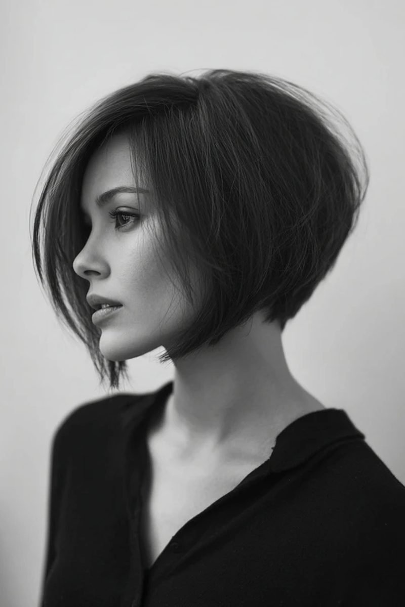 Sleek short layered bob haircuts with a deep side part