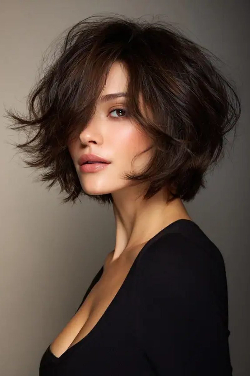 Textured brunette short layered bob outdoors