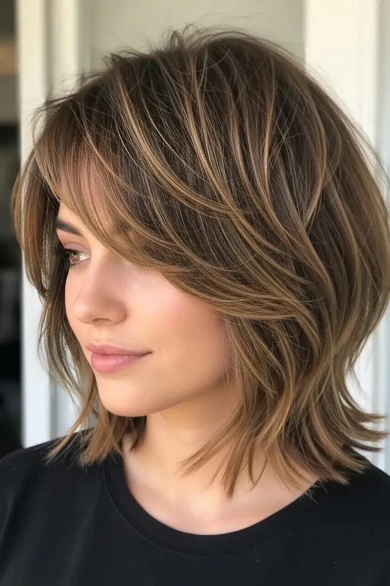 Short layered bob with face-framing curtain layers