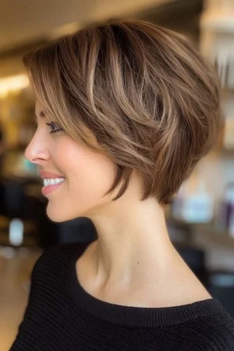 Bixie haircut, a layered pixie-bob hybrid, in profile