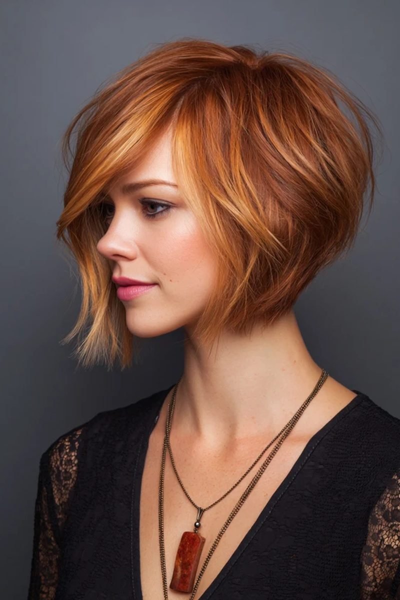 Jaw-skimming copper short layered bob
