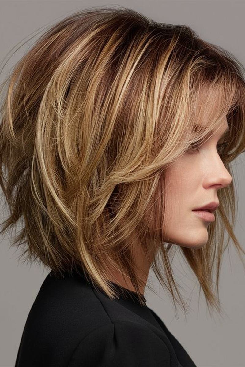 Sleek polished short layered bob with smooth finish