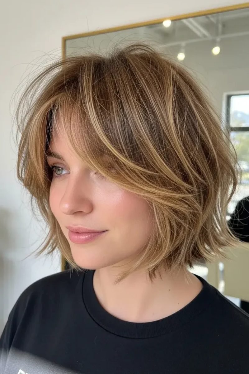 Shaggy short bob with heavy crown layers and texture