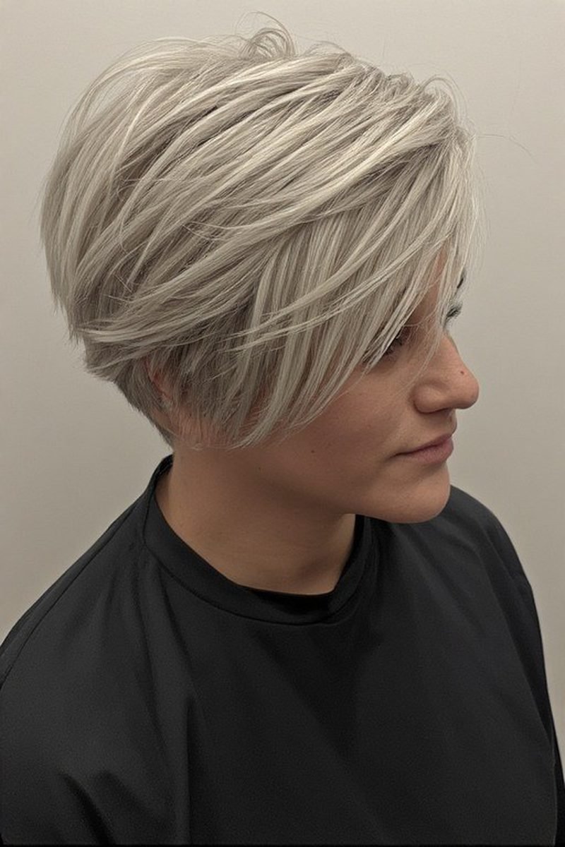 Icy silver textured short layered bob