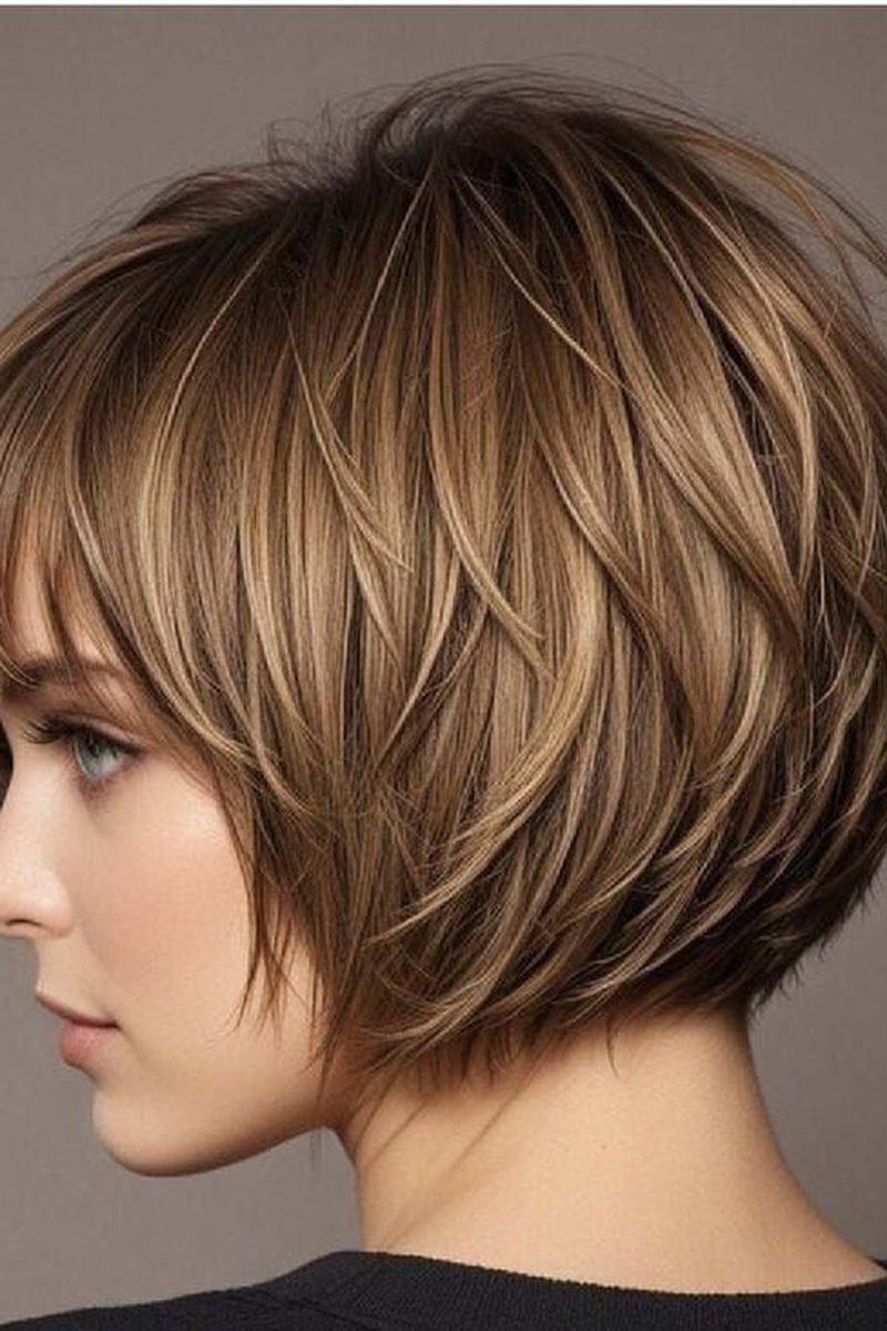 Blonde short layered bob with flipped ends