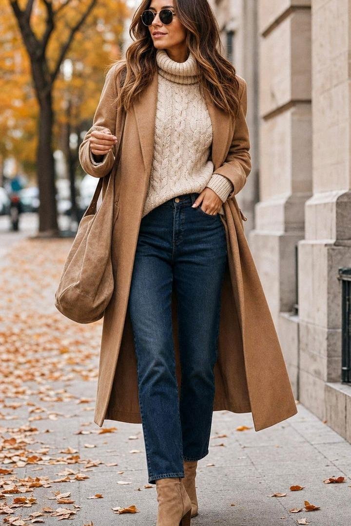Cream cable-knit turtleneck, camel wool coat and dark jeans with tan ankle boots