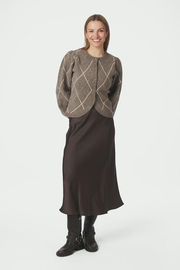 Taupe argyle cardigan over a dark brown satin midi skirt with black boots