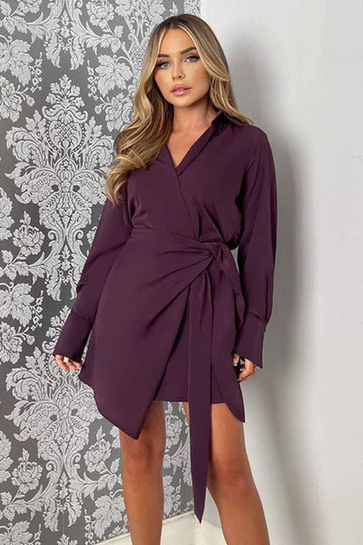 Plum long-sleeve tie-wrap mini dress
