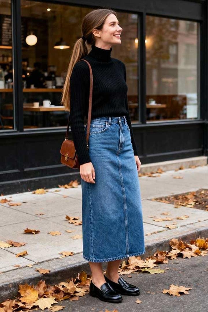 Black turtleneck tucked into a denim midi skirt with loafers, autumn street style