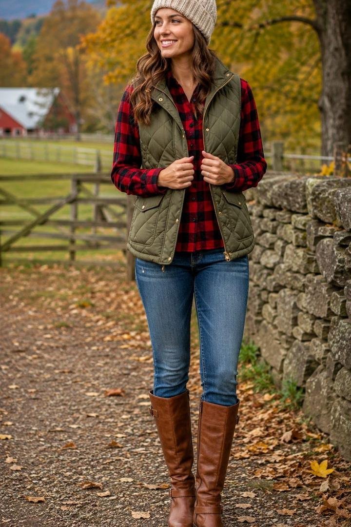 Red buffalo-plaid flannel shirt under an olive quilted vest with jeans and riding boots
