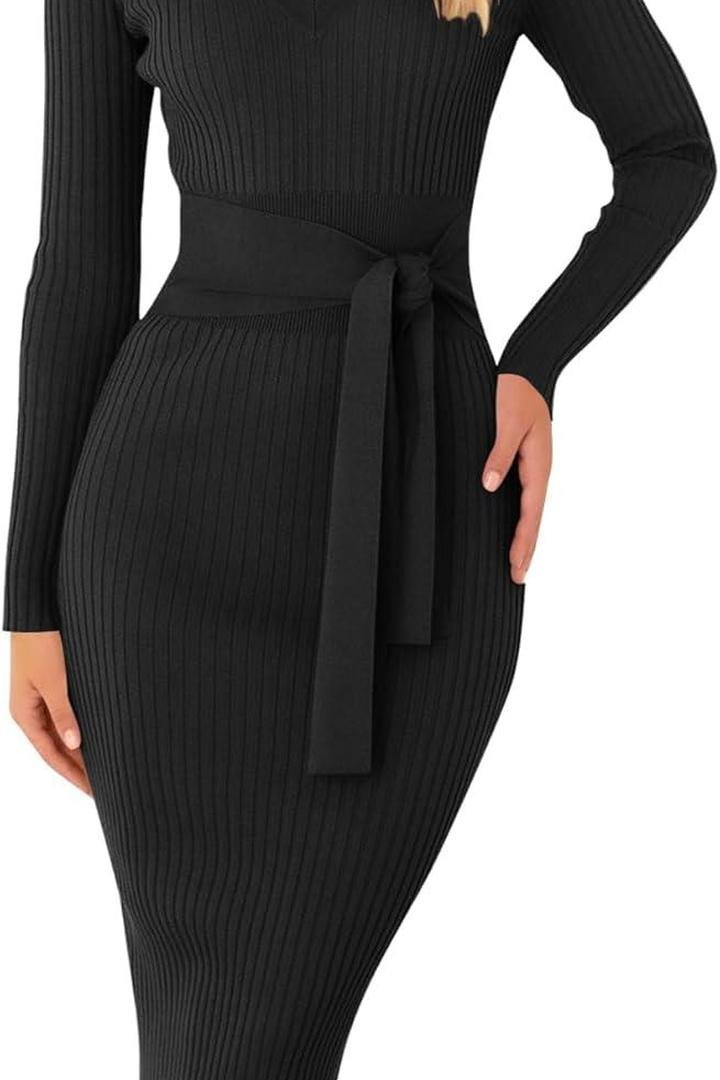 Black ribbed knit midi dress with a tie waist belt