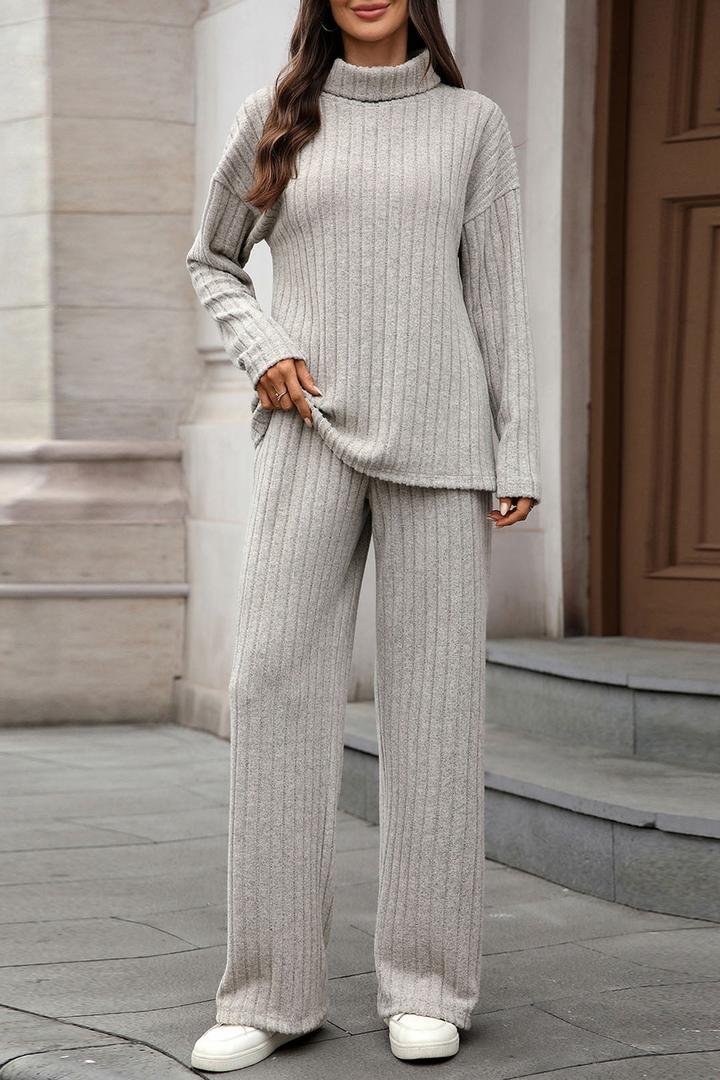 Light grey ribbed knit turtleneck and matching wide-leg trousers co-ord set