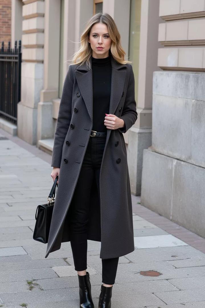 Charcoal long wool coat over an all-black outfit with black ankle boots
